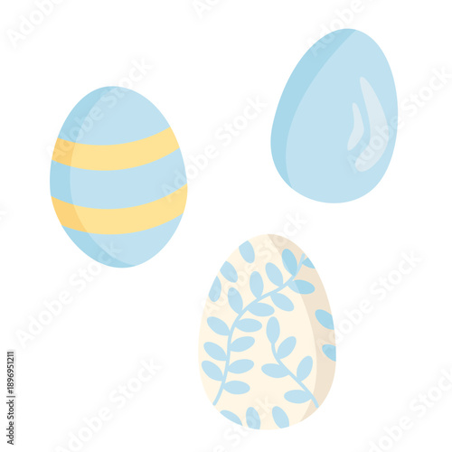 A set of three Easter eggs in blue and yellow. Vector illustration with floral and geometric patterns. Ideal for backgrounds, prints, and cards.