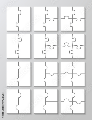 Simple puzzle pieces background. Cutting template mosaic with separate details. Jigsaw grids set. Scheme for thinking game. Frame tiles. Vector illustration.