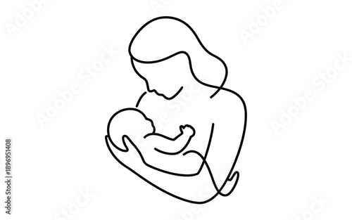 Mother holding baby gently, minimalist line art illustration
