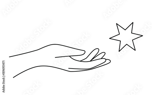 Hand reaching for a star, wish and hope concept, line art