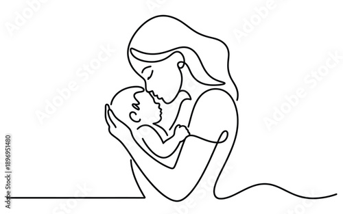Mom hugs baby close, intimate family moment, line art illustration