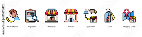 Product Distribution web banner icon vector illustration featuring Product Return, Inspection, Wholesaler, Retailer, Supply Chain, Label, and Shopping Center.