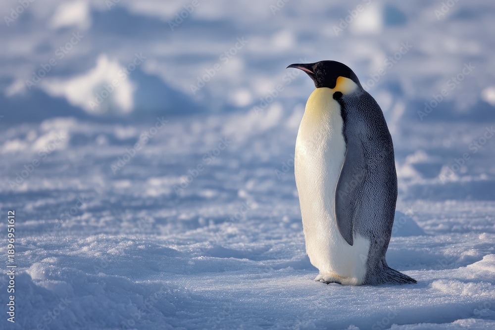 Obraz premium Adult emperor penguin standing on icy terrain in the Antarctic landscape during the morning light showcasing its distinctive features and environment