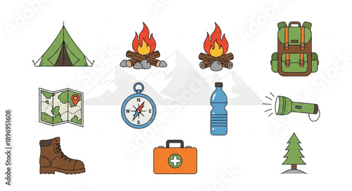 Camping and hiking equipment collection flat design illustration.