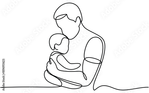 Father holding a baby, tender single line drawing of paternal love and care