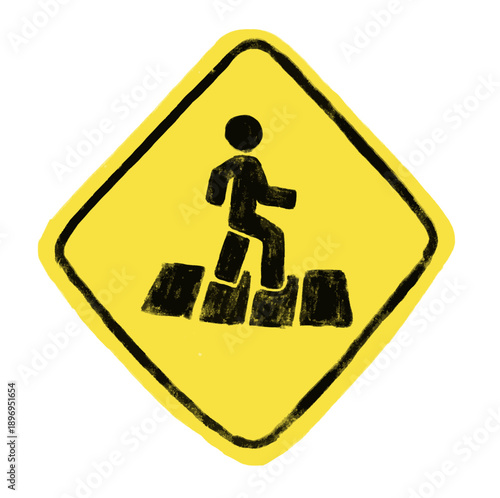 Cute hand drawn doodle watercolor crayon pedestrian zone people crossing icon in yellow traffic road sign kids nursery sticker illustration vector