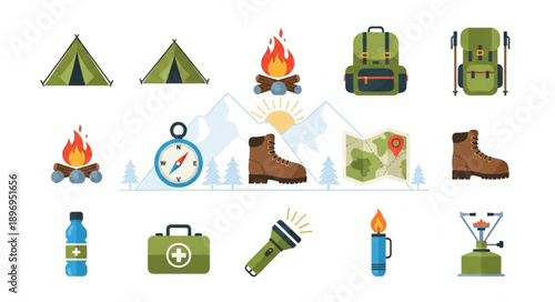 Camping and Hiking Gear Collection Icons Set.