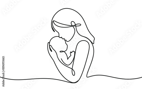 Mother holding baby, tender single line illustration of maternal love