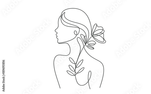 Woman's profile with flower, minimalist line drawing of elegance and nature