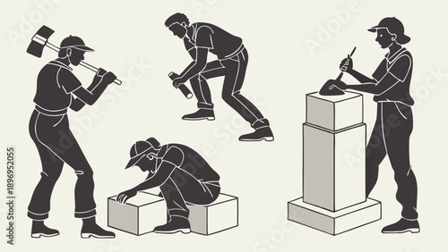 Stonemason Craftsmanship Silhouettes Building Monument Sculpture Focused Workers Shaping Stone for Memorial Design Projects