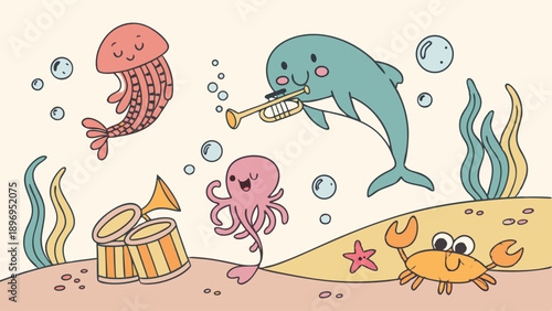 Cute Underwater Music Band Scene Dolphin Octopus Crab Jellyfish Playing Instruments for Kids Education or Party Invitation Design