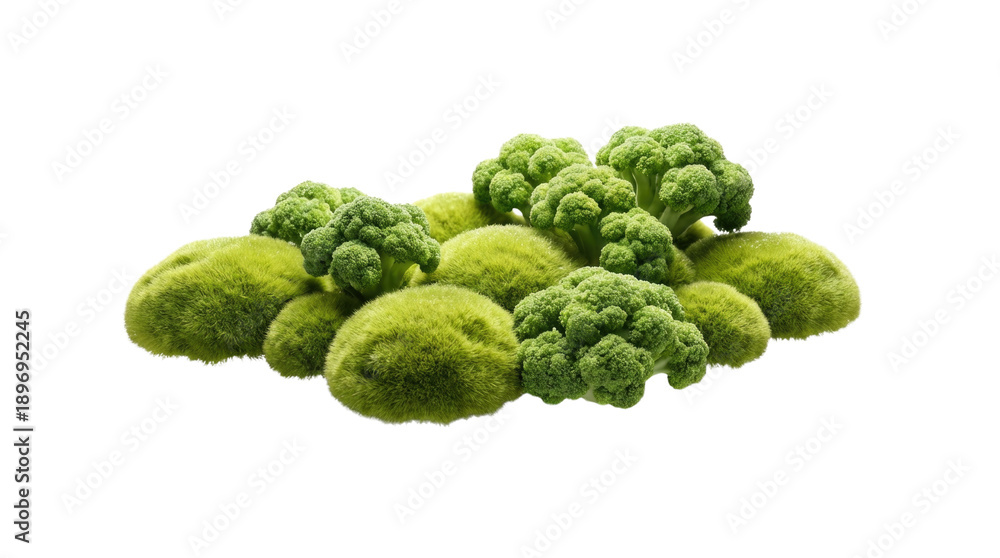 Fototapeta premium A pile of green mossy material is aggregated together in a heap on a plain bright surface, creating a textured white background cutout