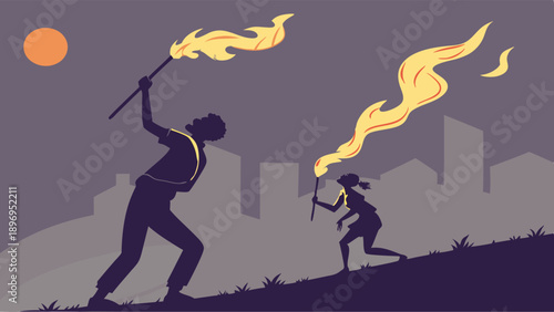 Silhouetted Figures Climbing Uphill Carrying Bright Torches Against City Skyline at Dusk for Protest or Journey Illustration