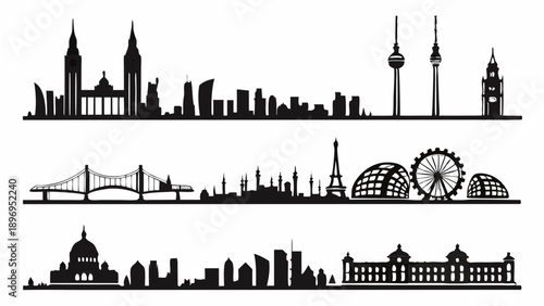 Global City Skylines Silhouettes for Travel Brochures Web Design Landmark Icons Perfect for Tourism Promotion and Architecture Projects