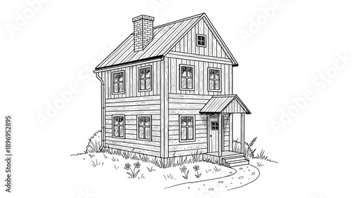 Detailed Black and White Line Art Illustration of a Wooden House