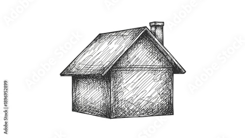 Hand-drawn Sketch of a Simple House with Chimney, Black Ink.