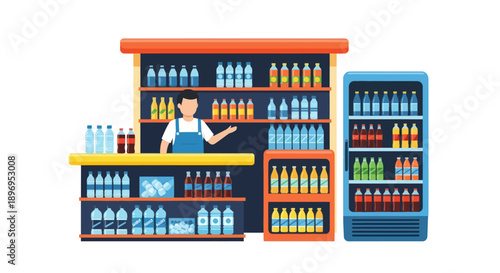 Convenience store counter with shelves stocked with beverages and a vendor.