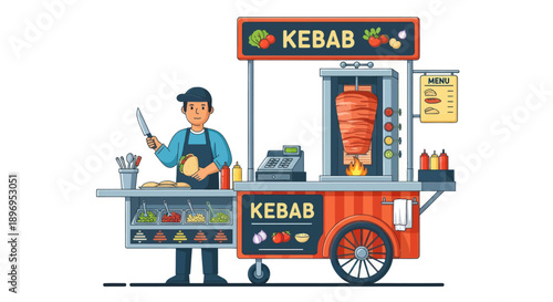 Colorful Kebab Cart with Chef Preparing Delicious Food.