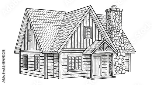 Detailed Black and White Line Art Illustration of a Rustic Cabin with Stone Chimney