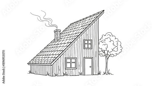 Simple Black and White Illustrated House with Slanted Roof and Chimney