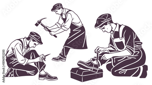 Vintage Shoemaker Crafting Repairing Leather Shoes with Hammer and Tools for Cobbler Shop Website Design