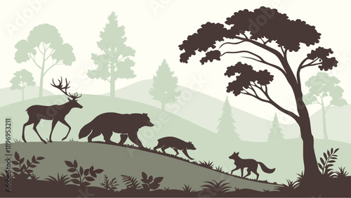 Diverse Wildlife Migration Silhouette on Rolling Hills Perfect for Nature Conservation Education Ecology and Outdoor Adventure Graphics