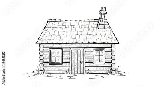 Detailed Black and White Illustration of a Rustic Log Cabin with Chimney