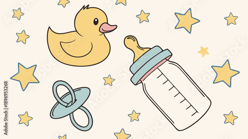 Cute Baby Shower Background with Rubber Duck Pacifier and Milk Bottle Seamless Pattern for Nursery Design