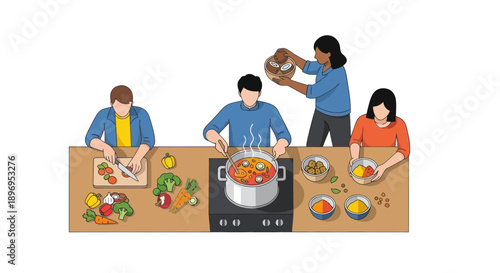 People cooking together at a kitchen counter preparing a meal with fresh ingredients.