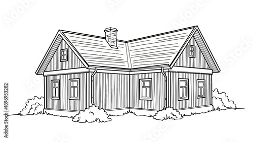 Detailed Black and White Illustration of a Wooden House with Chimney