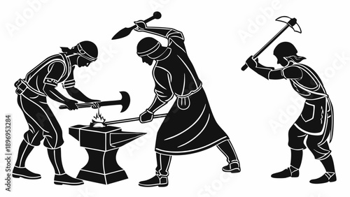 Blacksmiths Forging Metal with Hammers on Anvil for Industry, Craft, or Historical Media Projects