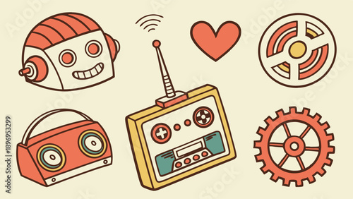 Retro Robot Gear Radio Heart Tech Icons for Vintage Toy App Design Projects and Fun UI Elements