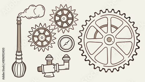 Steampunk Gears and Steam Engine Elements for Industrial Design Projects Vintage Mechanical Illustration for Retro Web Graphics