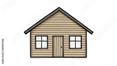 Simple Hand-Drawn Wooden House with Windows and Door, Cartoon Style.