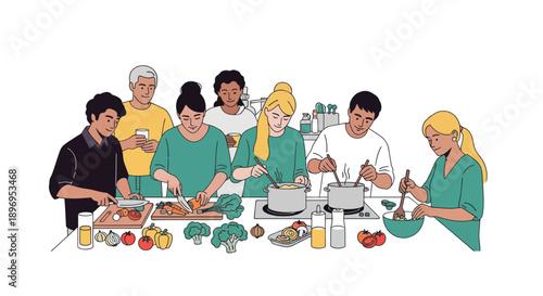 Diverse group of people actively engaged in a cooking class preparing healthy food.