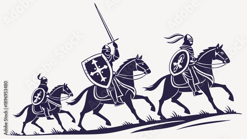 Medieval Knights Templar Cavalry Charging Uphill Symbolizing Courageous Crusade Triumph for Historical Design Projects