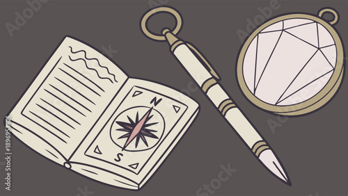 Explorer's Essential Gear Compass Journal Pen Locket for Travel Adventure Discovery Journey Planning