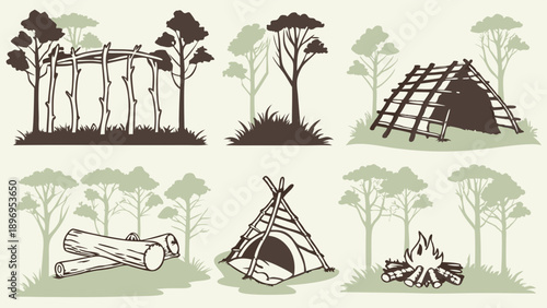 Rustic Wilderness Survival Shelter Building Campfire Illustration for Adventure Travel Outdoor Education Design Projects
