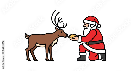 Santa Claus Kneeling and Feeding a Reindeer with Antlers.