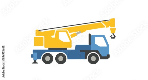 Flat design blue and yellow mobile crane truck vector illustration.