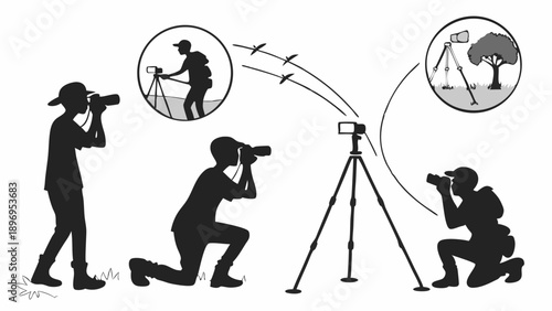 Outdoor Wildlife Photography Setup Diverse Photographers Using Tripods Capturing Nature Scenes For Travel Blogs And Nature Publications