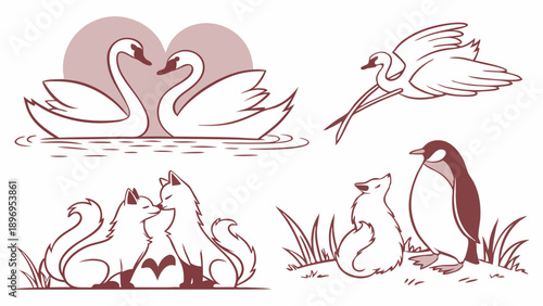 Charming Animal Couples Illustration for Valentine's Day Greeting Cards Website Banners Romantic Love Design