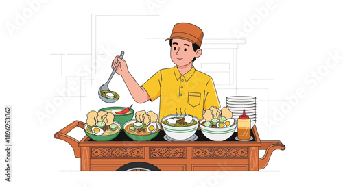 Vendor Serving Delicious Food from a Wooden Cart.