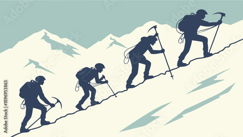 Mountaineers Climbing Snowy Slope Progression Success Journey for Corporate Development and Goal Achievement Illustration