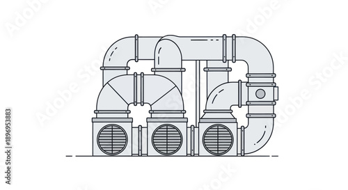Industrial HVAC Ventilation System Ducts and Fans Line Art.
