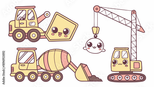 Cute Kawaii Construction Vehicles Set Excavator Crane Cement Mixer for Kids Education Web Design Projects