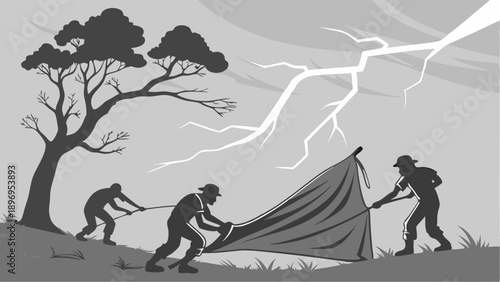Three Hikers Setting Up Emergency Shelter Under Dramatic Lightning Storm for Outdoor Survival Safety Illustration