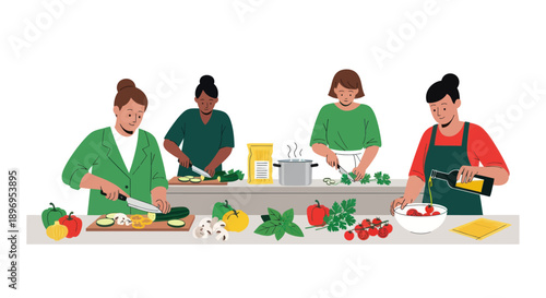 Group of diverse women cooking together preparing fresh vegetables and ingredients in a kitchen setting.