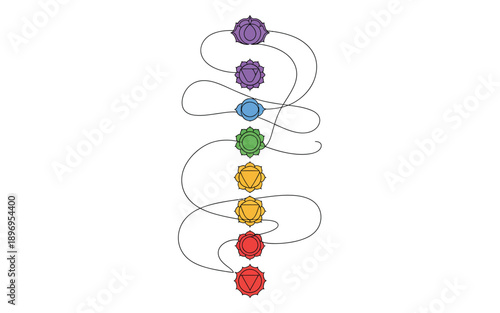 Seven colorful chakras aligned, abstract line art illustration