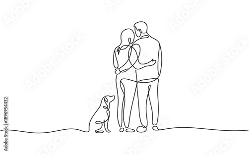 Couple embracing with pet dog, minimalist continuous line art